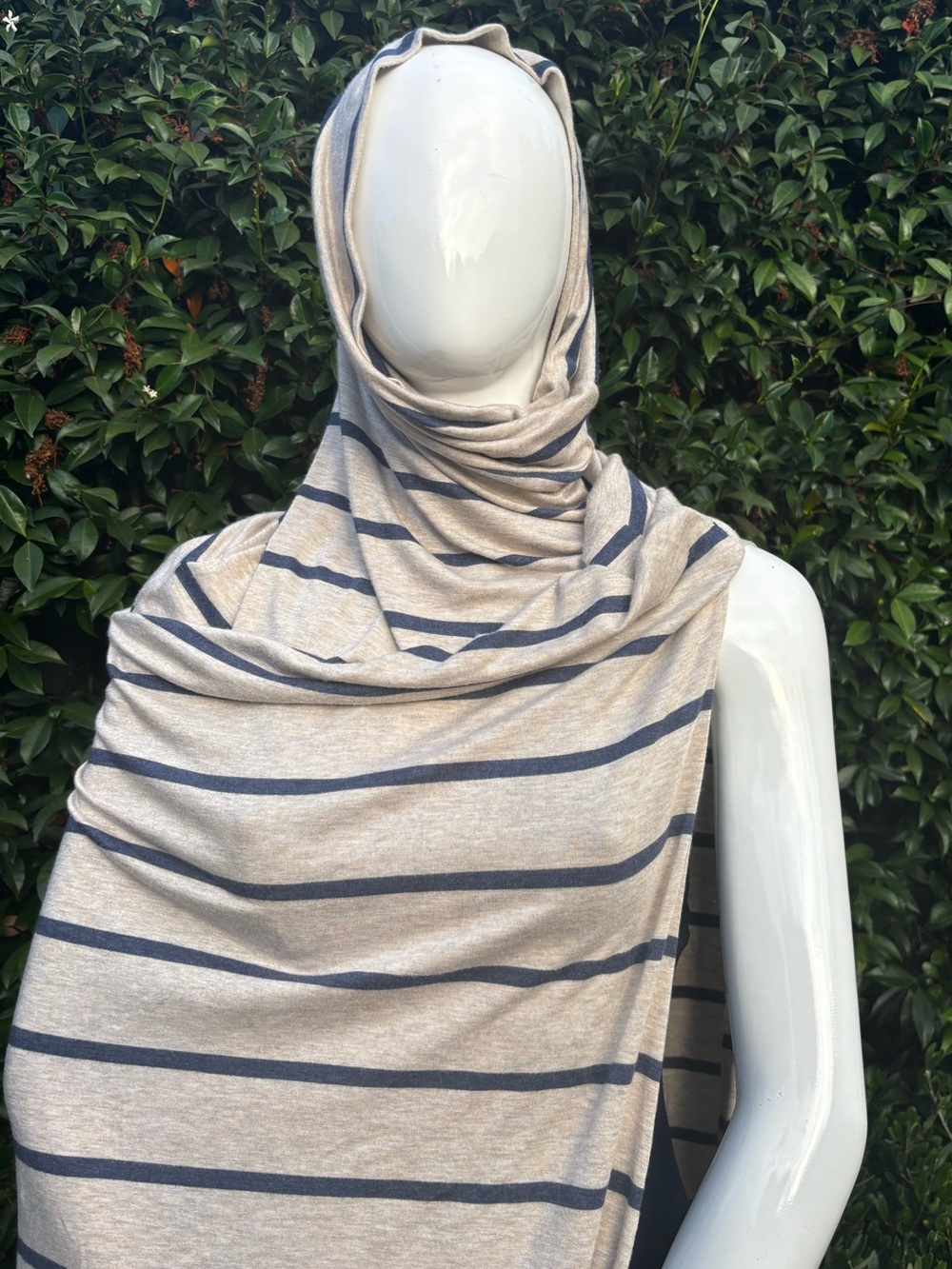 Elan Heather Gray and Navy Striped Side-Slit Maxi Skirt